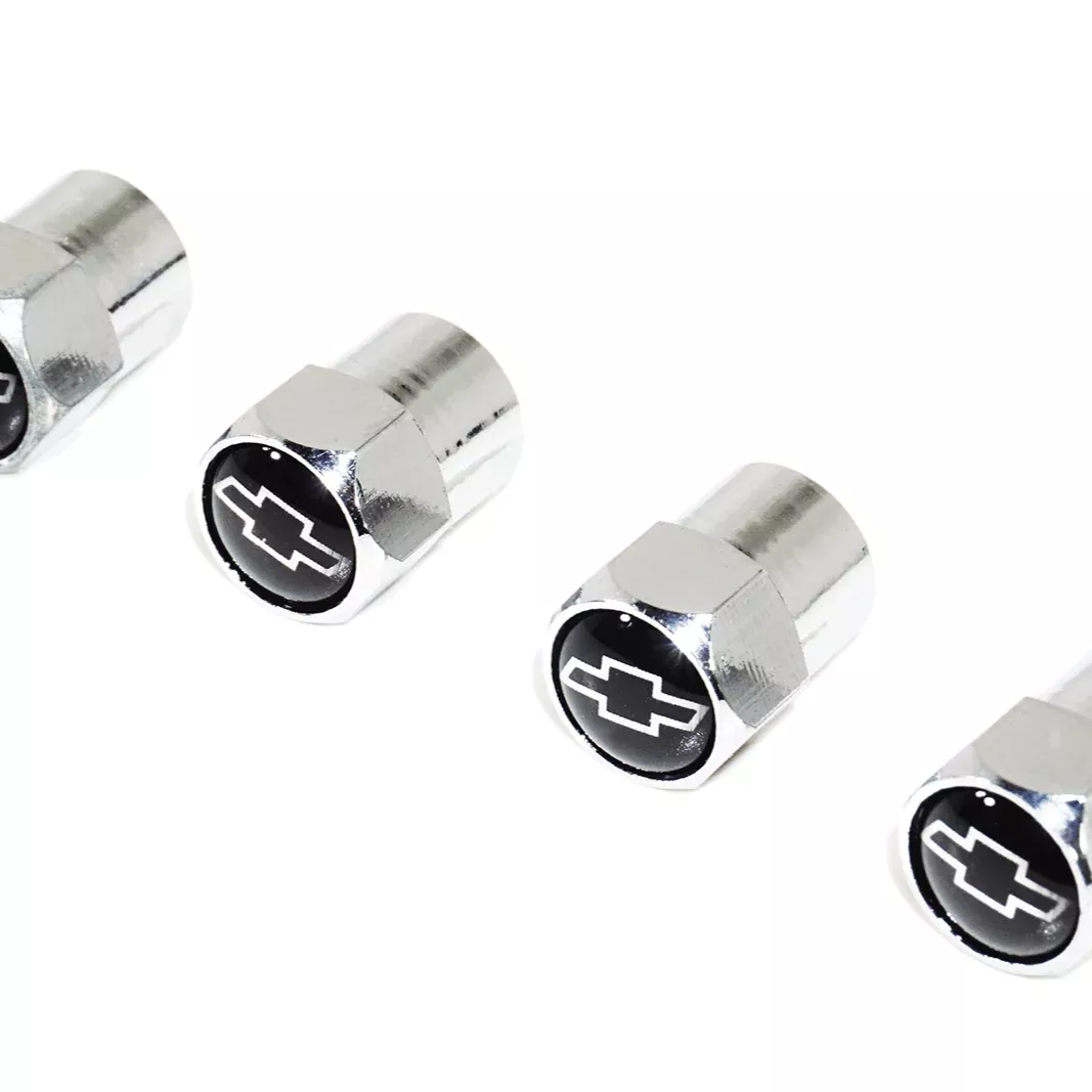 Chrome Valve Stem Tire Caps – Chevy Black & Chrome Bow-Tie | Set of 4