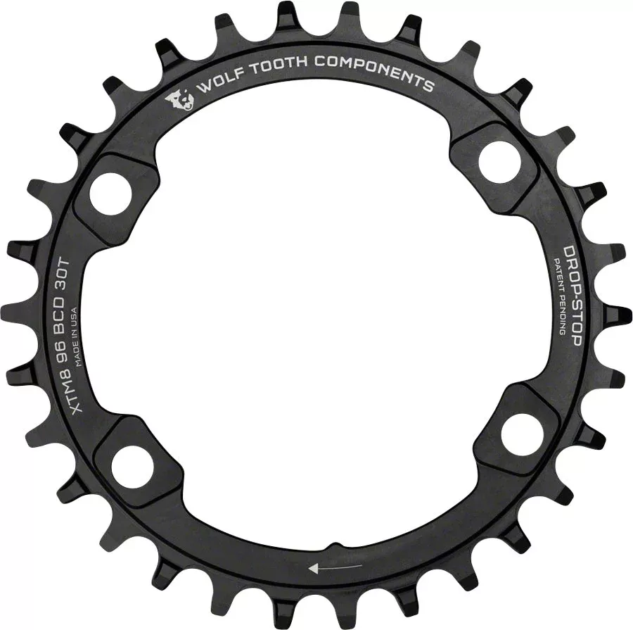 Wolf Tooth 96 BCD Chainring - 34t, 96 Asymmetric BCD, 4-Bolt, Drop-Stop, For Shimano XT M8000 and SLX M7000 Cranks, Black