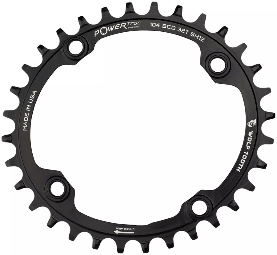 Wolf Tooth Elliptical 104 BCD Chainring - 34t 104 BCD 4-Bolt Drop-Stop ST Requires Shimano 12-Speed HG+ Chain BLK