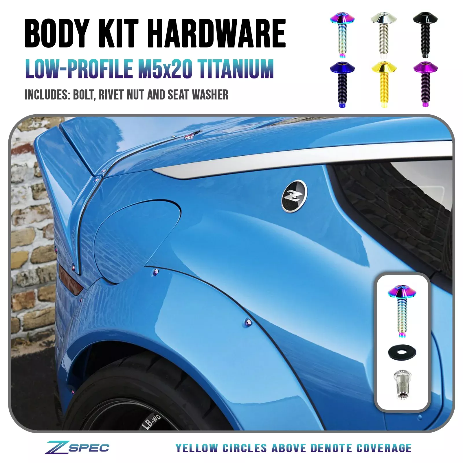 ZSPEC Low-Profile Body Kit Fastener, M5x20mm, Titanium w/ Rivet Nut, Per Each